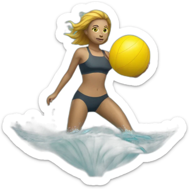 Underwater woman, swimming with fins, snorkel equipement, holding a yellow ball, looking strong and fighting sticker