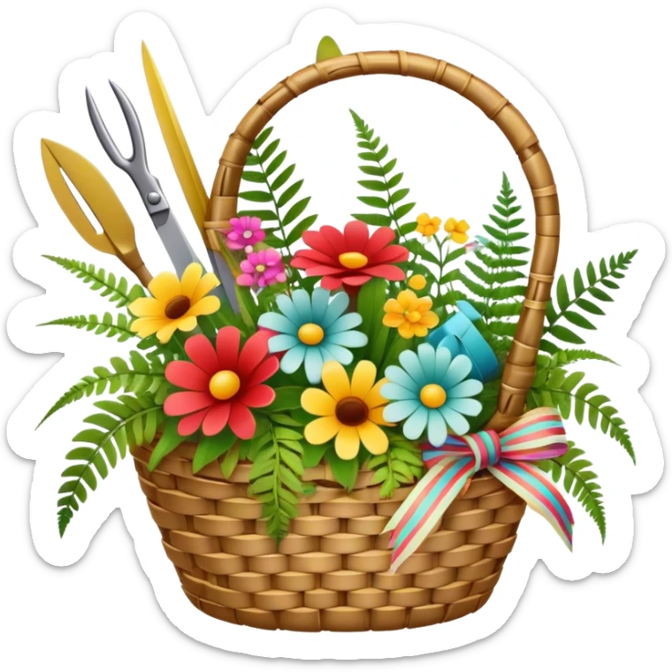 Icon for Floristry: a woven basket with flowers, reeds, ferns, bright ribbons and a small plush toy. Add scissors and knife. The icon should represent creativity in flower arrangement and decorative design. Transparent background. sticker
