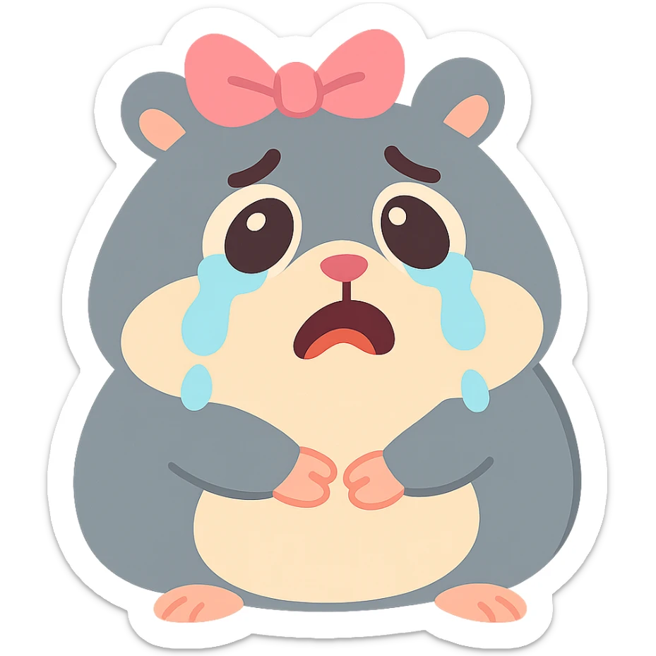 a small, round gray hamster with tears in its eyes and a pink ribbon on its head, soft pastel style sticker