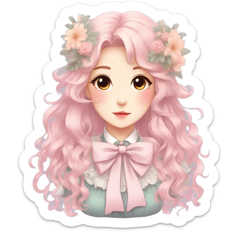 Gorgeous pastel anime style lady with blushing face and flowers and laces and bow ties and pretty hair aesthetic trending style sticker