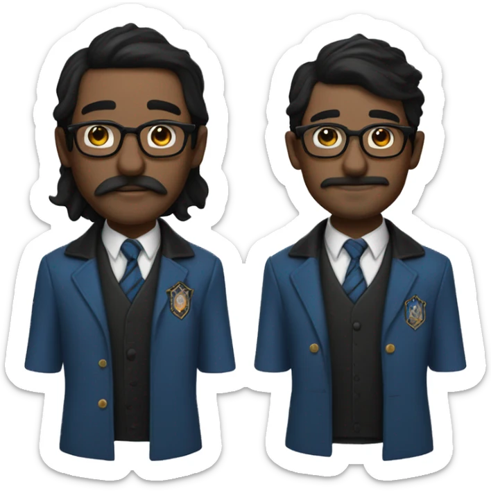 man with white skin, black longer and straight hair, mustache, glasses, with a magic hat, ravenclaw sticker