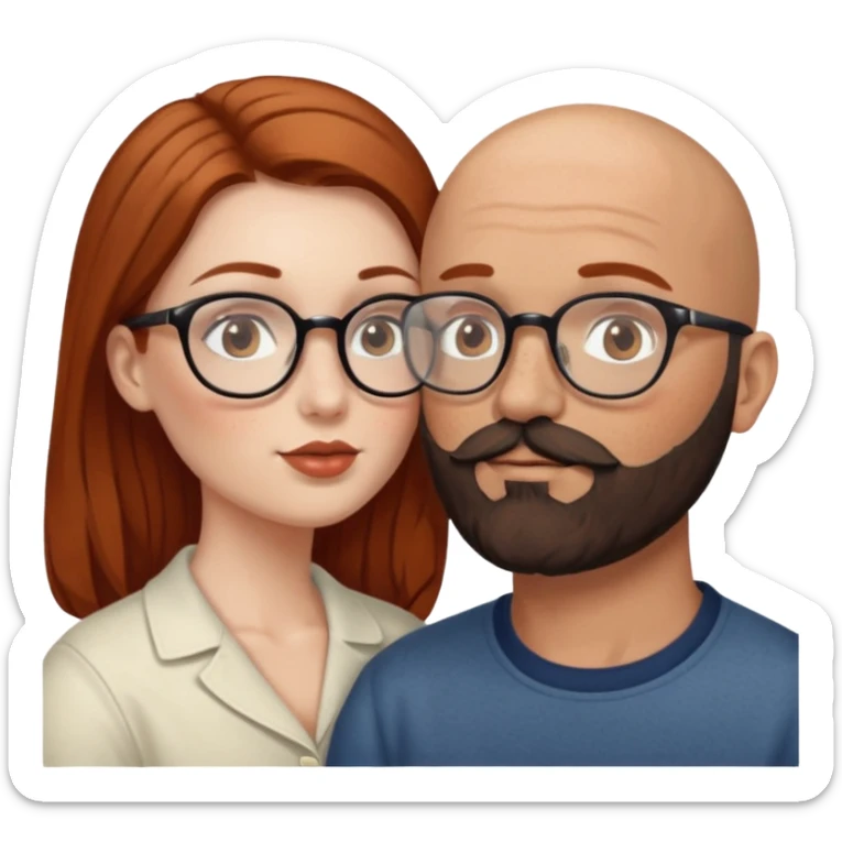 Couple. Bald man with dark brown-black beard. White woman with many small, faded freckles, she has white skin and she has auburn-brown-cinnamon, dark long hair. She has light brown eyes. The man have hazel eyes and glass. She have light eyes. Retro style. She kisses him. sticker