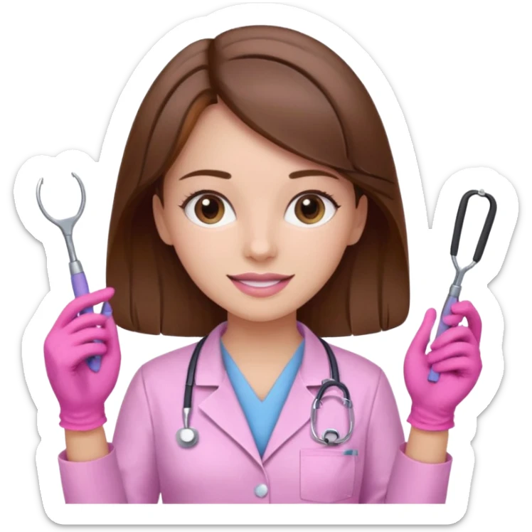Girl dentist with brown hair and pink gloves and pink scrubs and tools in hand  sticker