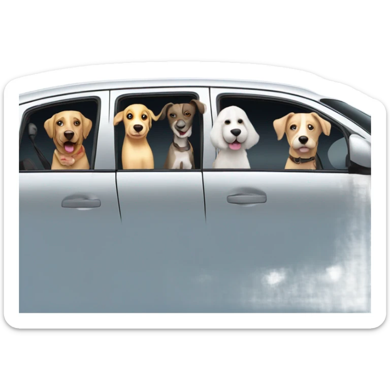 6 dogs in a Prius sticking their heads out of the window with a bald man in his 50’s who likes adventure driving the car sticker