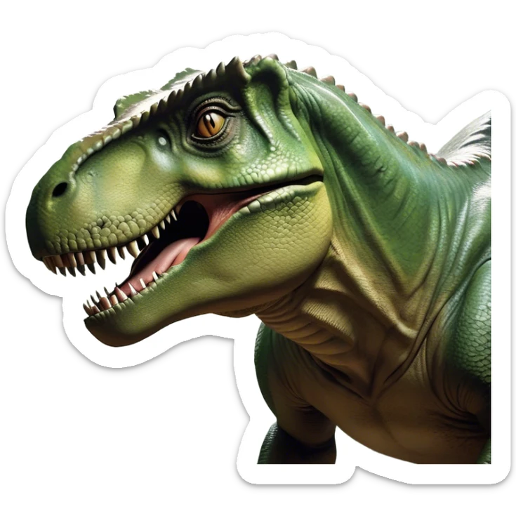 Beautiful and Majestic T-rex Portrait Emoji, Head and body resting peacefully with a serene, confident expression, showcasing its colossal, muscular form and a subtle, regal glint in its eyes, Simplified yet exquisitely endearing features, highly detailed, glowing with a soft, drowsy prehistoric light, high shine, relaxed and utterly majestic, stylized with an air of ancient splendor, soft glowing outline, capturing the essence of a beautiful and majestic T-rex that feels destined to become the next viral icon of awe-inspiring dinosaur beauty! sticker