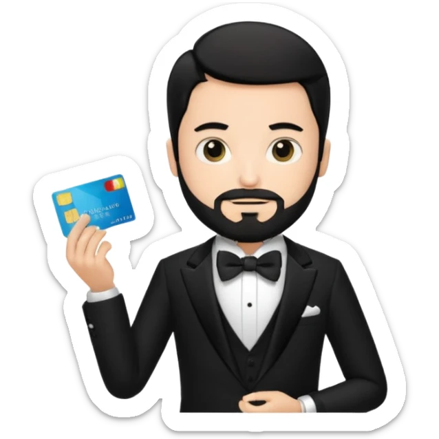 make a genmoji of a boy with a an amex card in hand and wearing a tux, black hair. bearded sticker