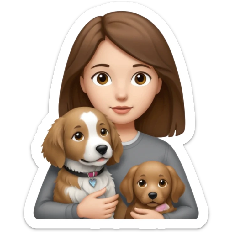 Girl with brown hair holding grey white and black golden retriever dog sticker