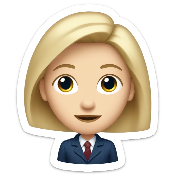 An adult girl, blue eyes, straight blond hair, dark blue jacket suit, burgundy office shirt. sticker