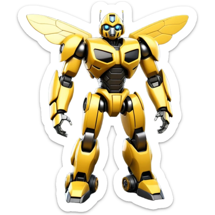 Futuristic robotic bumblebee character in the exact style of Bumblebee from Transformers movies, highly detailed 3D model sticker