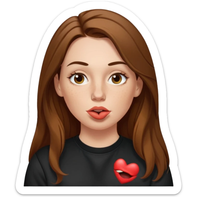 A 38 year old white woman with long brunette hair parted in the middle. She has her nose pierced. Her nose is medium sized. She has brown eyes. She has freckles and is wearing a black sweatshirt and is making a kissing mouth. sticker