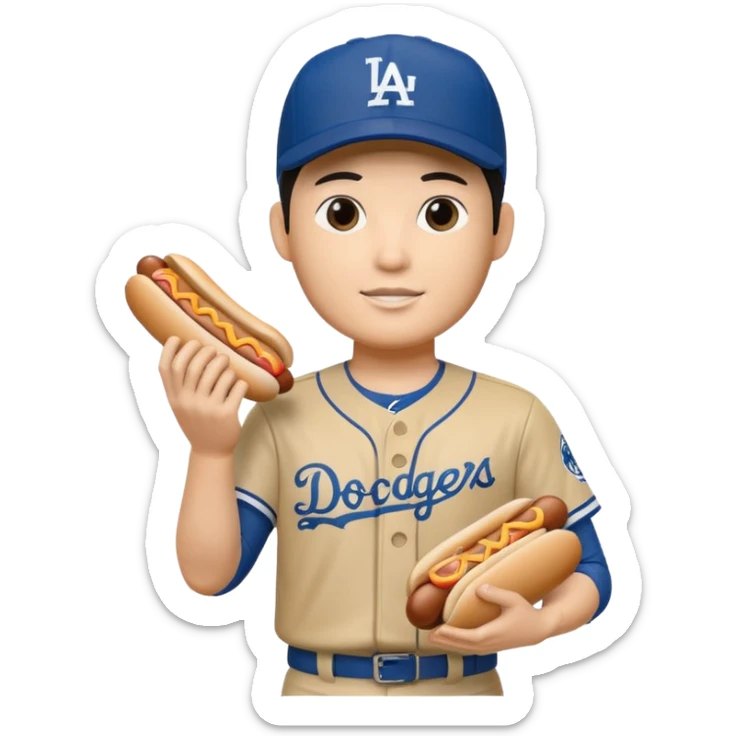 Shohei Ohtani bobblehead holding a dodger dog and a big hand #1 with a hotdog graphic on  it  sticker