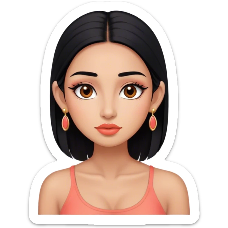 Tez morena, pelo negro largo lacio sin peinado, cejas pronunciadas, ojos grandes color marrones oscuro con pestañas largas, nariz pequeña, labios grandes color coral, rubor coral, top corto negro, orejas pequeñas y pantallas color oro sticker