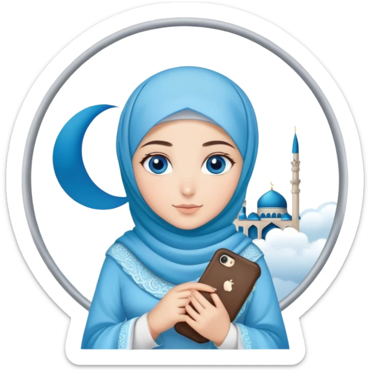 Turkish beautiful finish Konya girl blue eyes with cloudy hijab islamic dress and had on her hand text Eid Mubarak  sticker