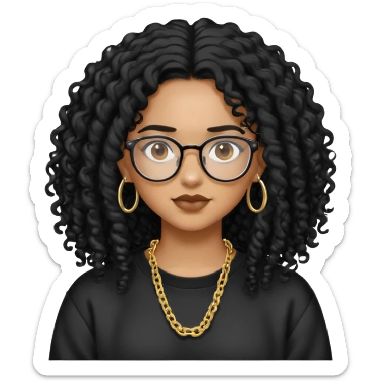 Mixed girl /curly long hair black / with black eyes glasses black sweat shirt middle part flat piercing and gold chain  sticker