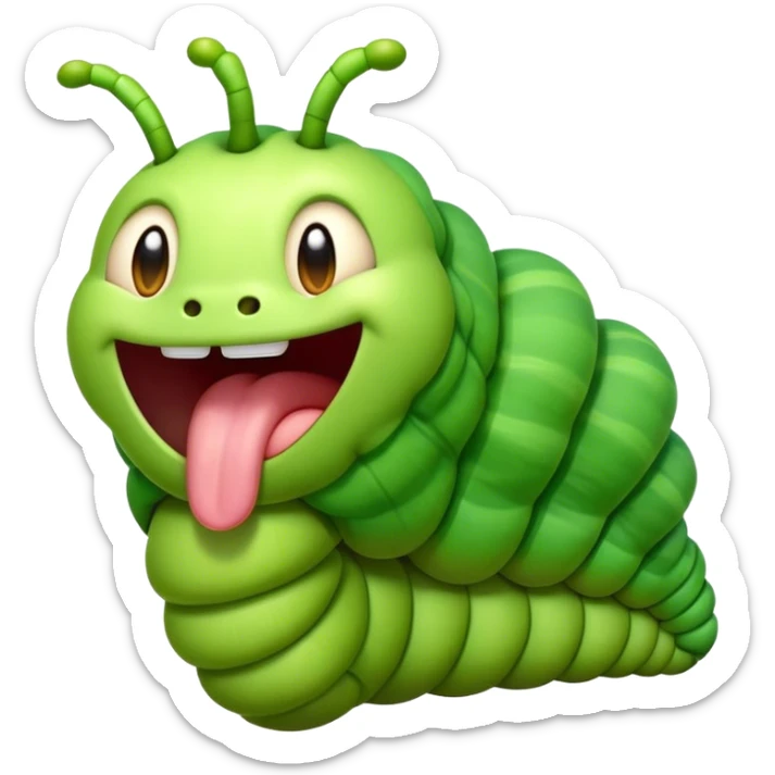 Cinematic Realistic Cute Yawning Caterpillar Portrait Emoji, Head tilted slightly with a dramatic, wide-open yawn, showcasing a soft, downy segmented body in vivid green with subtle drooping and half-closed, drowsy eyes, rendered with intricate natural texture and gentle shadows, high shine, relaxed yet expressive, styled with a dash of woodland charm, soft glowing outline, capturing the essence of a sleepy yet affectionate caterpillar that appears ready to stretch out and rest among the leaves! sticker
