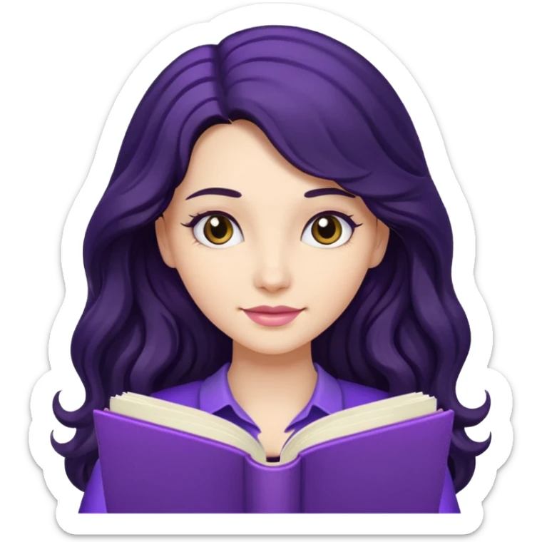 Long Hair Women with purple Book, Black wavy hair sticker