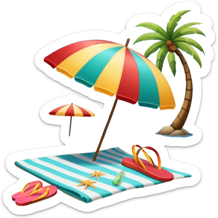Icon for Beach Tourism: with the ocean and palm trees in the background, a sun umbrella, flip-flops, and a beach towel on the sand. The icon should represent relaxation and fun at the beach. Transparent background. sticker