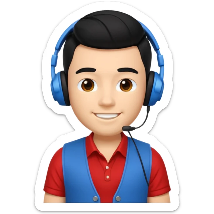 young man with black cool hair, wearing a blue vest over a red short sleeve shirt, retro headphones, in iOS-style Apple Memoji style, clean, 3D, friendly sticker