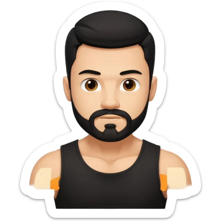 generate an ios genmoji of a fair guy with black wearing a sleevless black tshirt with big biceps and a goatee style beard sticker