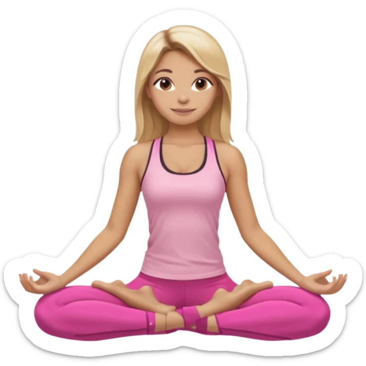 Mujer color de piel moreno clara, con cabello balayage rubio con castaño suelto y lacio y largo usando un top rosa deportivo y leggins deportivo rosa en una pose de yoga sentada, viendo hacia enfrente con ojos negros y sonriendo sin mostrar los dientes sticker