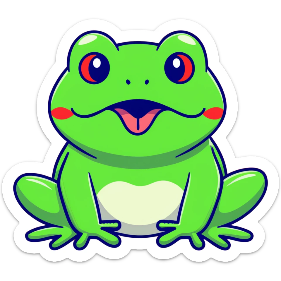 Exaggerated cartoony green frog with big bulging cross-eyes and long tongue sticking out, comic-style with silly expression sticker
