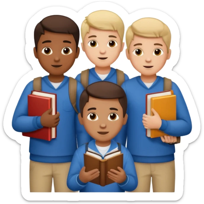 generate a group of 3 boys, all different looking.Holding books. one of them calling on a mobile sticker