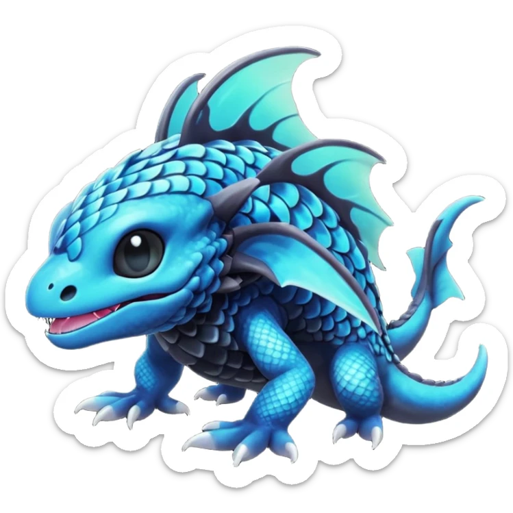 Multicolored dark shiny bioluminescent glowing black and cyan and blue gloomy spooky cute adorable scales-covered pretty cool elegant realistic abyssal exotic Fakémon-Pokémon-Trico-creature, full body sticker