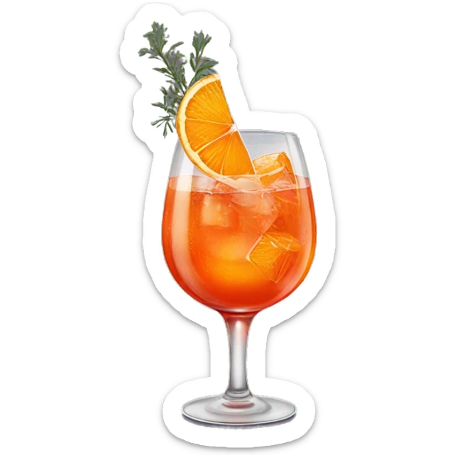 One Aperol spritz in a wine glass with three ice cubes, one slice of an orange, and one strand of thyme in it sticker