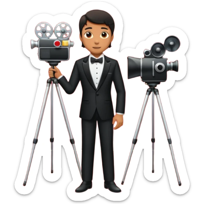 an actor standing on a red carpet with a formal tuxedo, with only one movie camera on a tripod next to him. sticker