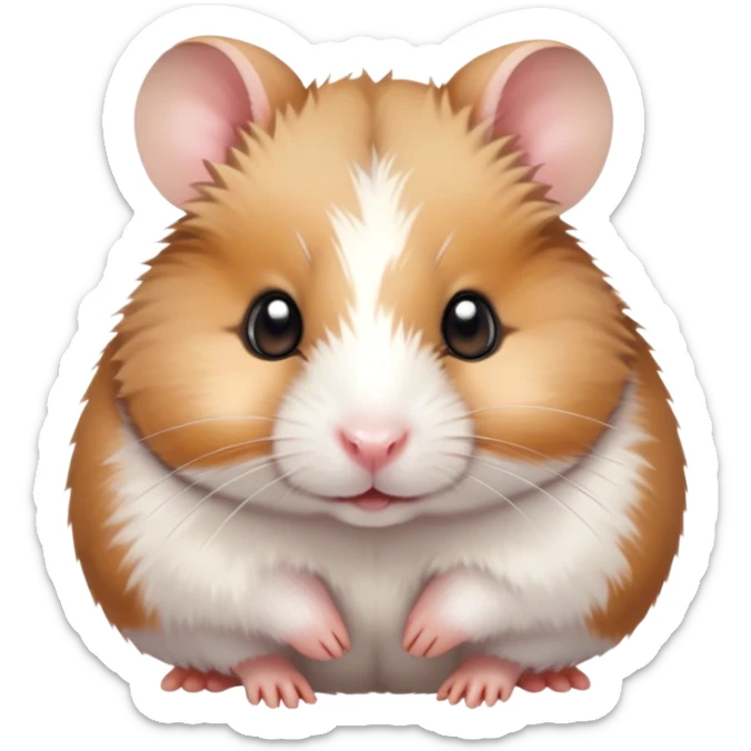 Cinematic Cute Brown and White Banded Hamster Portrait Emoji, Head tilted playfully and inquisitively, showcasing a fluffy coat with playful brown and white banded patterns, round, sparkling dark eyes filled with curiosity, Simplified yet irresistibly adorable features, highly detailed, glowing with a warm, friendly glow, high shine, affectionate and lively, stylized with a touch of whimsy, bright and endearing, soft glowing outline, capturing the essence of a mischievous yet loving hamster, so playful it feels like it could dash out of the screen and into your arms! sticker