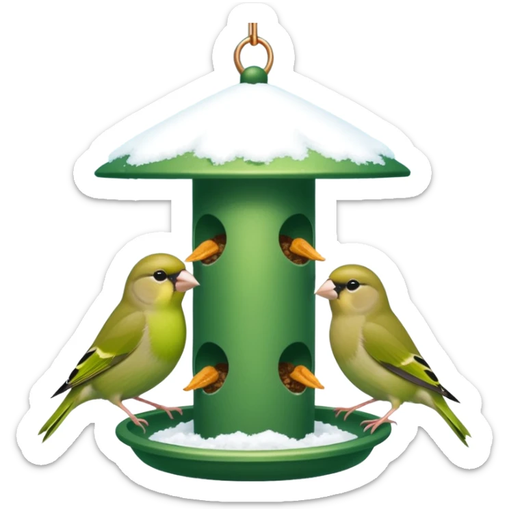 3 Green finch feeding on a bird feeder in the snow sticker