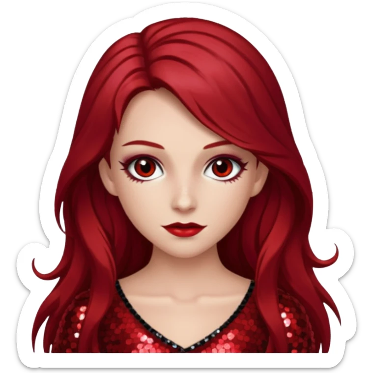 Chappell Roan (b.1998) with long dark red hair, red sequin outfit, makeup sticker