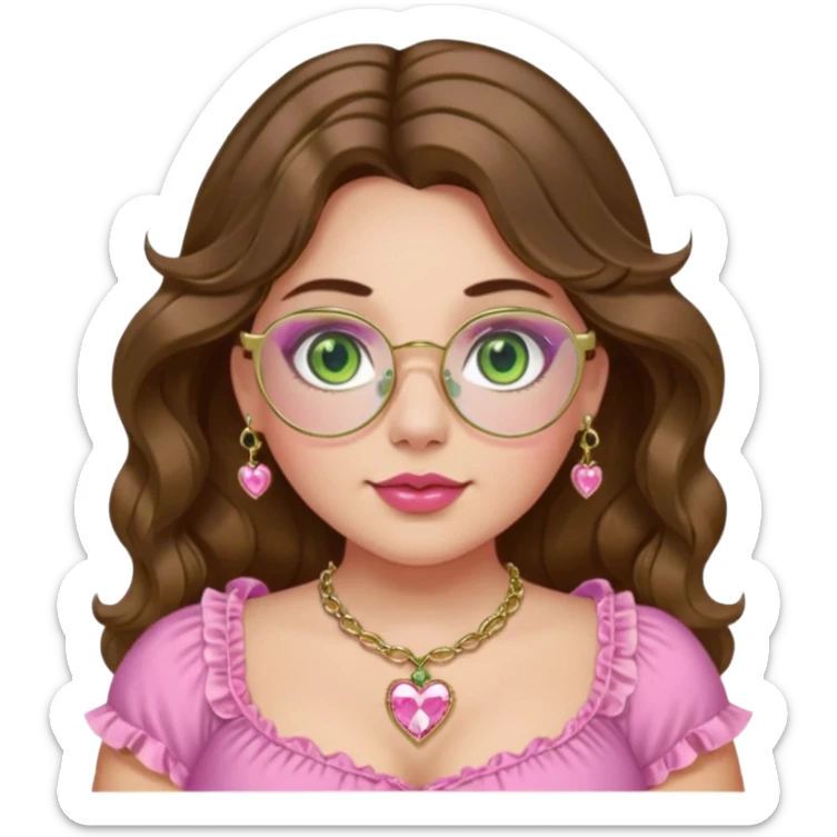 Girl girl with middle parted long wavy brown hair. green gold eyes. Plus size. pink frilly top. gold nose ring. pink heart crystal necklace. Gold rimmed glasses sticker