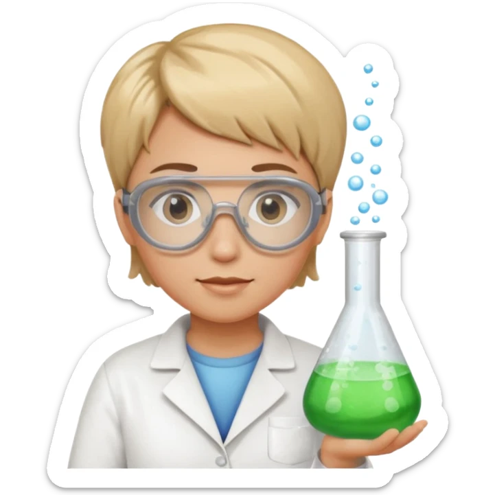 chemist person with very short hair and safety goggles holding a beaker with bubbling liquid sticker