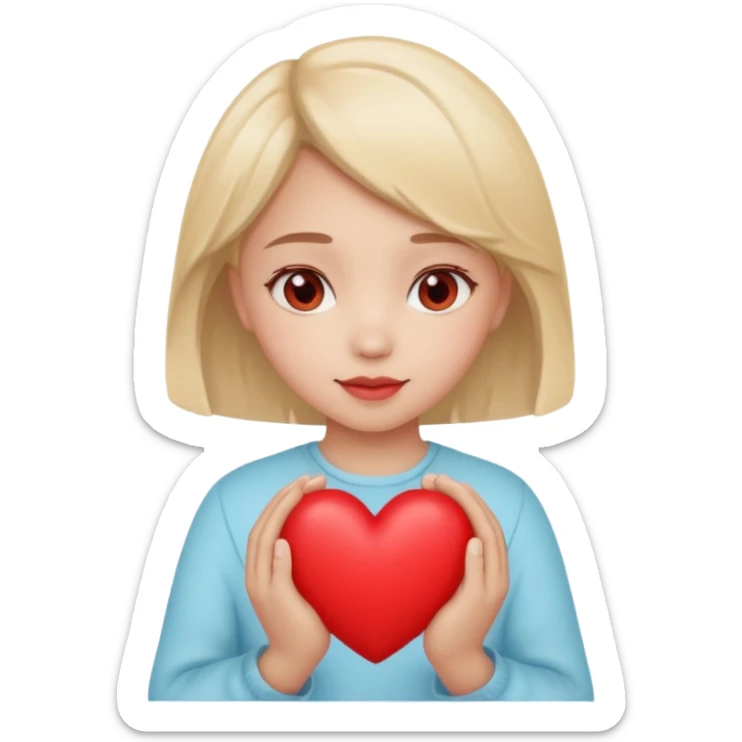 sweet girl with light hair holding a red heart in both hands, soft colors sticker