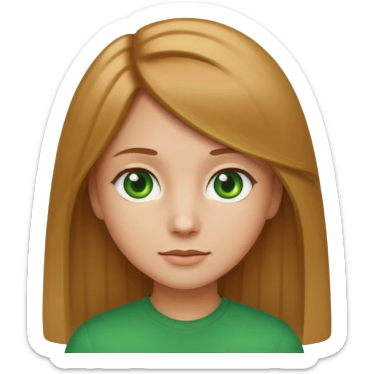 apple style emoji of a girl with light brown (русые) hair, 1A-1B straight hair texture, green eyes sticker
