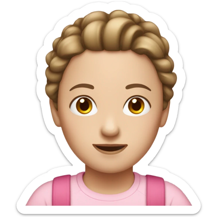 A pale white woman with brown hair up In a ponytail wearing pink t shirt and overalls sticker