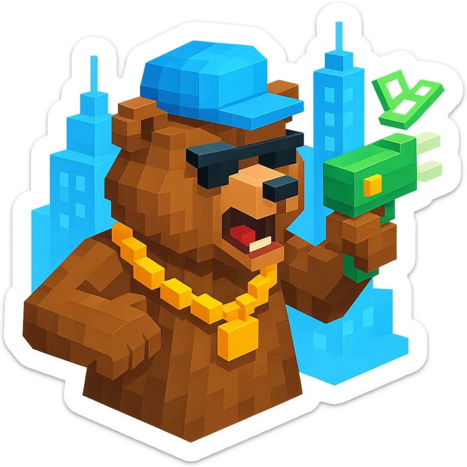 Russian grizzly bear in a rapper pose, wearing a chain and holding a money gun, with a city background sticker