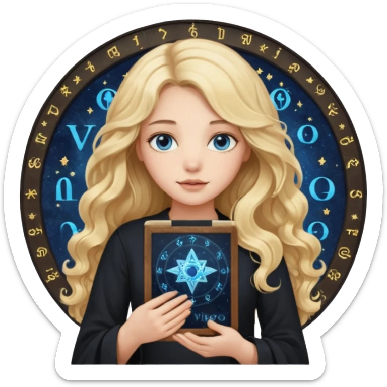 A long wavy haired blonde girl with blue eyes, wearing black, holding astrology chart with Virgo symbol  sticker