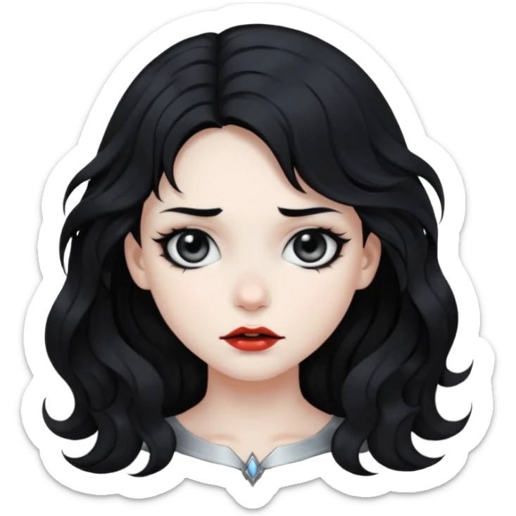 Crea una ragazza con stile black metal, capelli neri mossi dalle spalle e occhi bianchi sticker