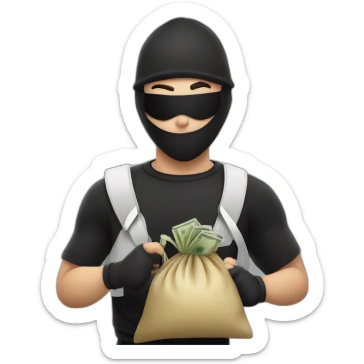 a thief in a black and white T-shirt and a black mask running with a bag of money sticker