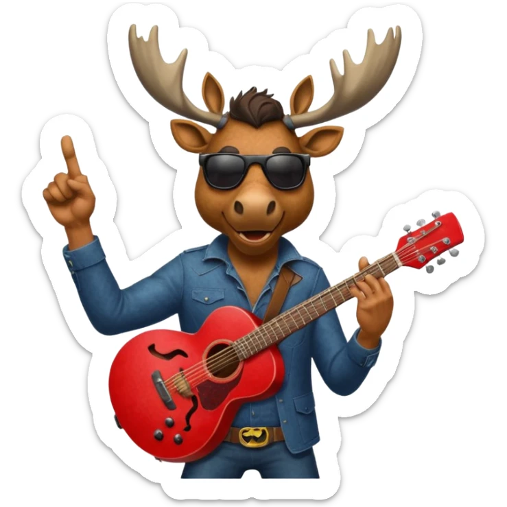 A man with a moose head in alaska pointing a red guitar directly up in the air. Make the graphics gritty and realistic like the moose man is a villian in a high budget batman movie. sticker