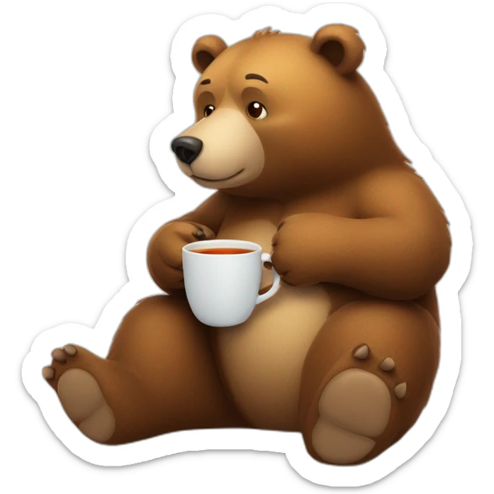 A cartoony bear sitting on floor with a cup of tea motioning for viewer to sit next to him sticker