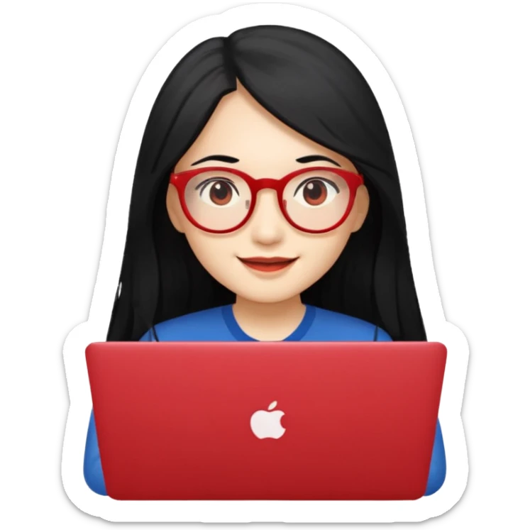 filipino long hair black fair skin with red eyeglasses freelancer with MacBook, smiling. sticker