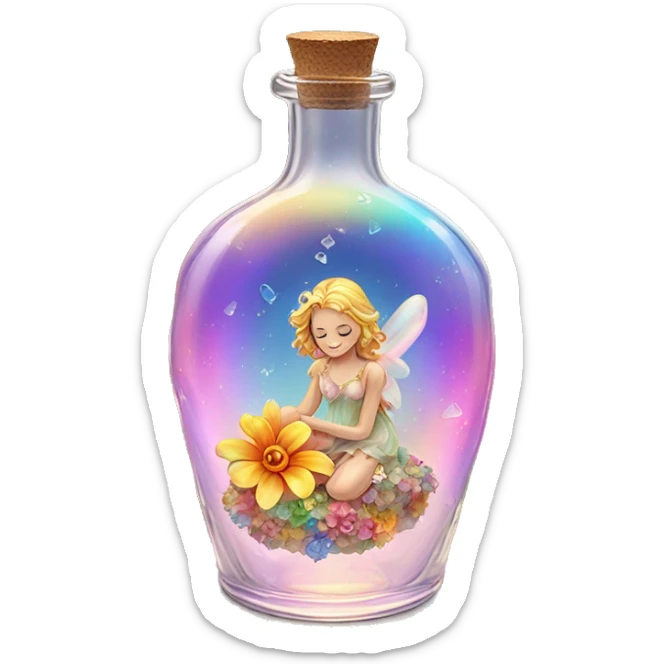 Antique oil heart bottle made of crystal glass of all gentle colors of the light rainbow, a living flower fairy sits at the bottom of the bottle sticker