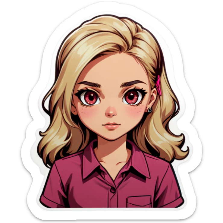 dirty Blonde hair girl with brown eyes pink maroon shirt sticker