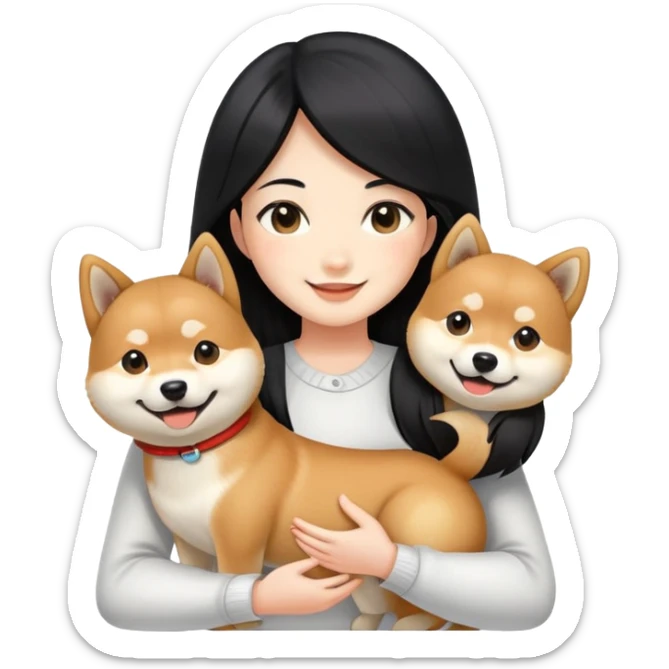 girl with black long hair holding a smile Shiba Inu sticker