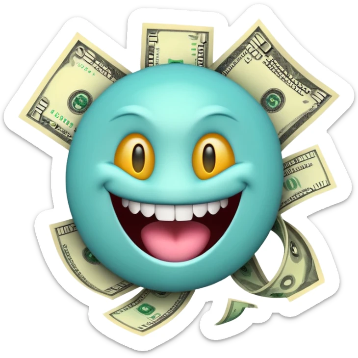 3D glossy emoji sticker, dollar-sign eyes, huge toothy grin, mouth stuffed with US dollar bills spilling out, floating banknotes, centered, solid chroma green background sticker