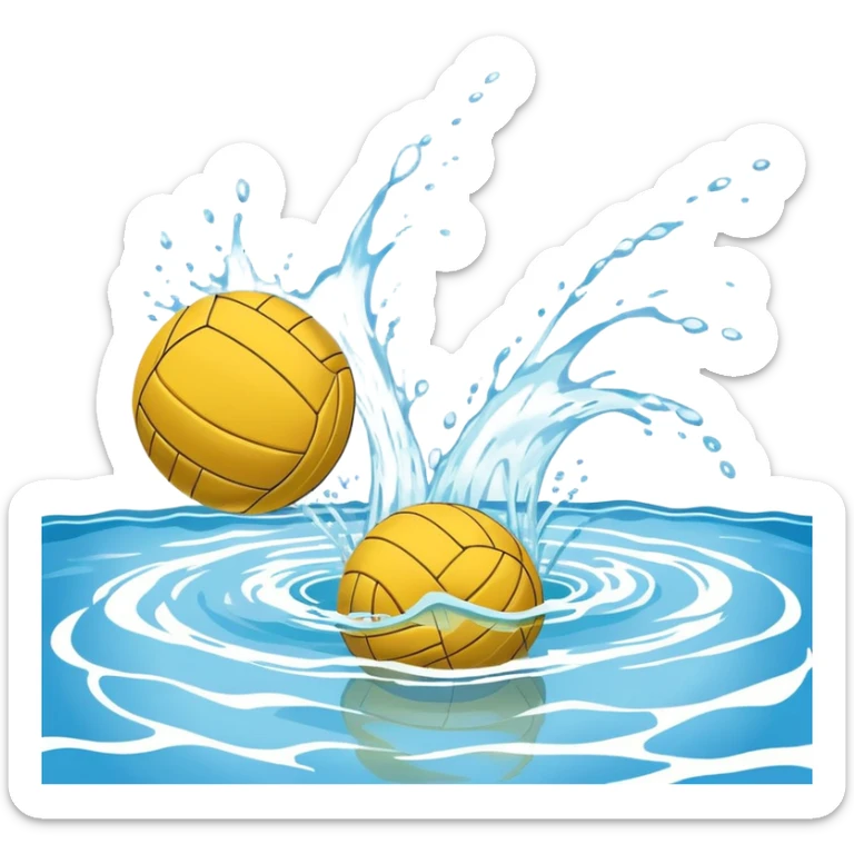 An icon featuring a yellow water polo ball floating on the water with goals in the background, inside a swimming pool. The design includes splashes and ripples, symbolizing the fast-paced action and strategy of water polo. Transparent background highlights. sticker
