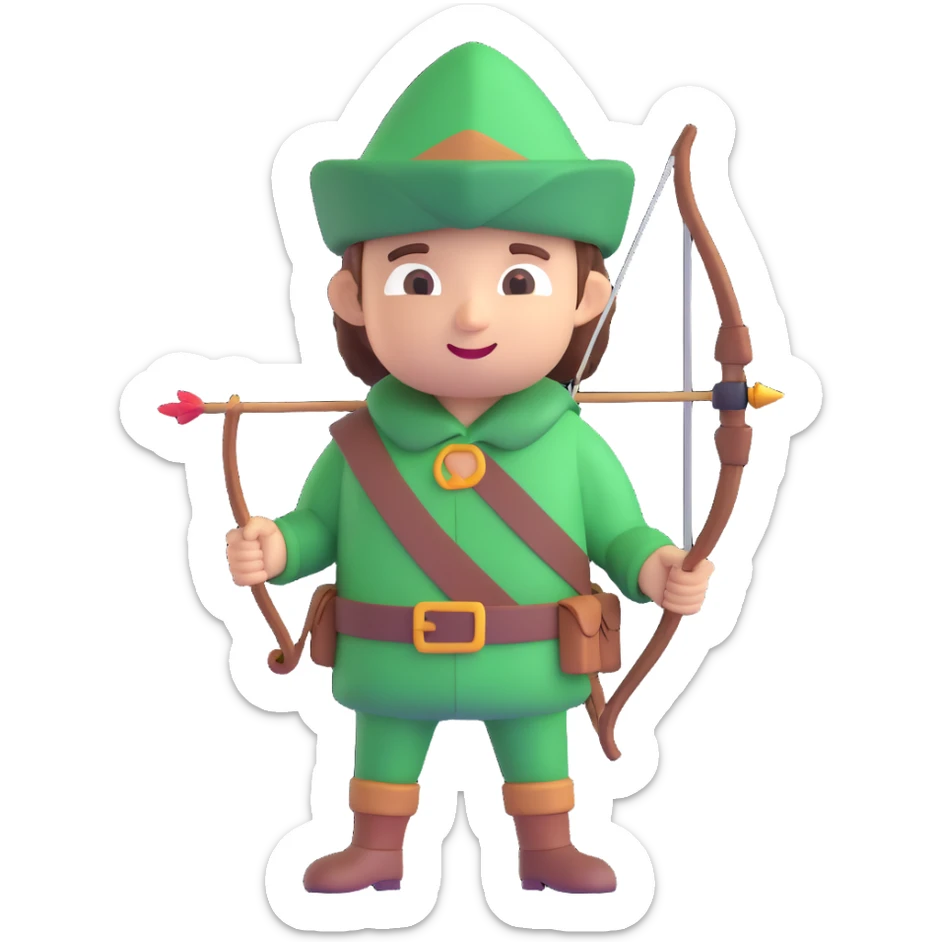 Robin Hood, classic English folk hero, green hat and bow, 3D emoji style sticker